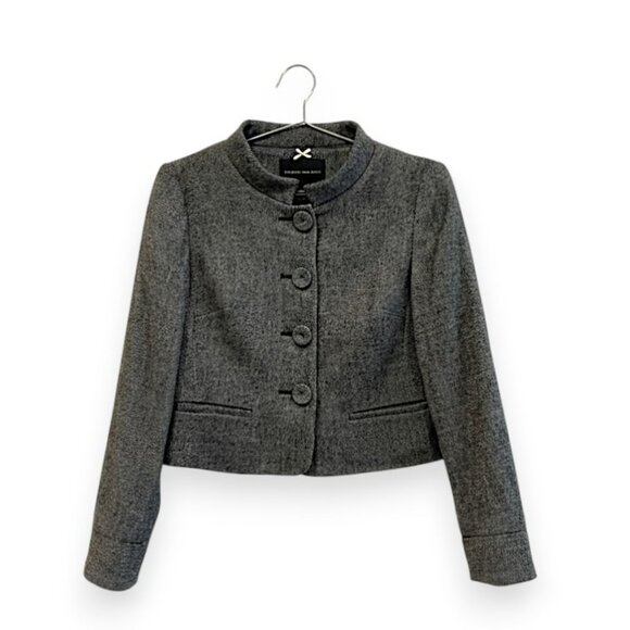 Banana Republic Gray Black White Wool Tweed Mock Neck Cropped Jacket Blazer 14 - Picture 1 of 6